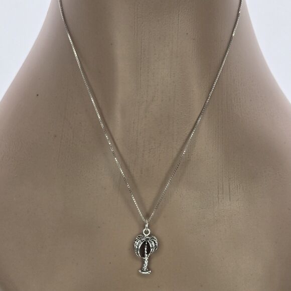 Dainty Tropical Palm Tree Pendant 19" Box Square Chain Sterling Silver 925 Set - Picture 1 of 8